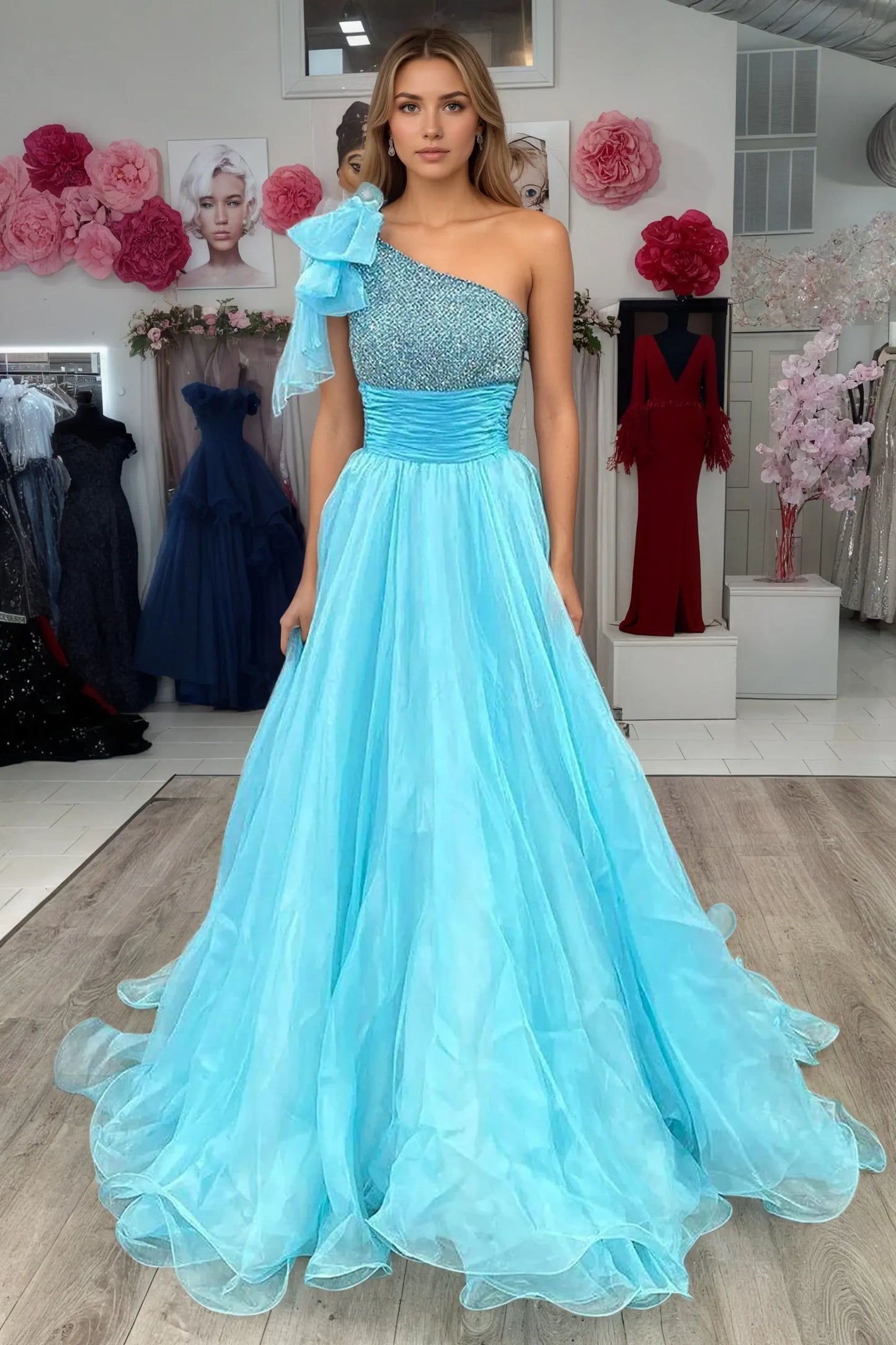 Sky Blue One-Shoulder Beaded Organza A-Line Long Prom Dress With Train