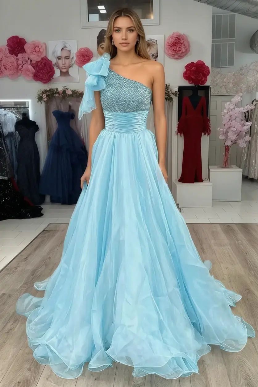 A Line Sparkly Sky Blue One Shoulder Long Prom Dress with Beading KAIDRESS