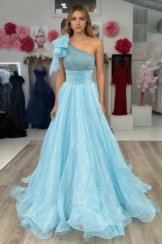 A Line Sparkly Sky Blue One Shoulder Long Prom Dress with Beading KAIDRESS
