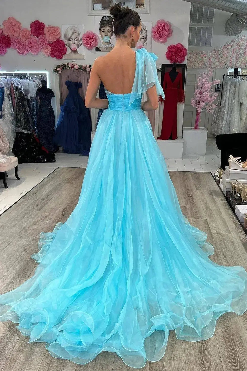 Sky Blue One-Shoulder Beaded Organza A-Line Long Prom Dress With Train