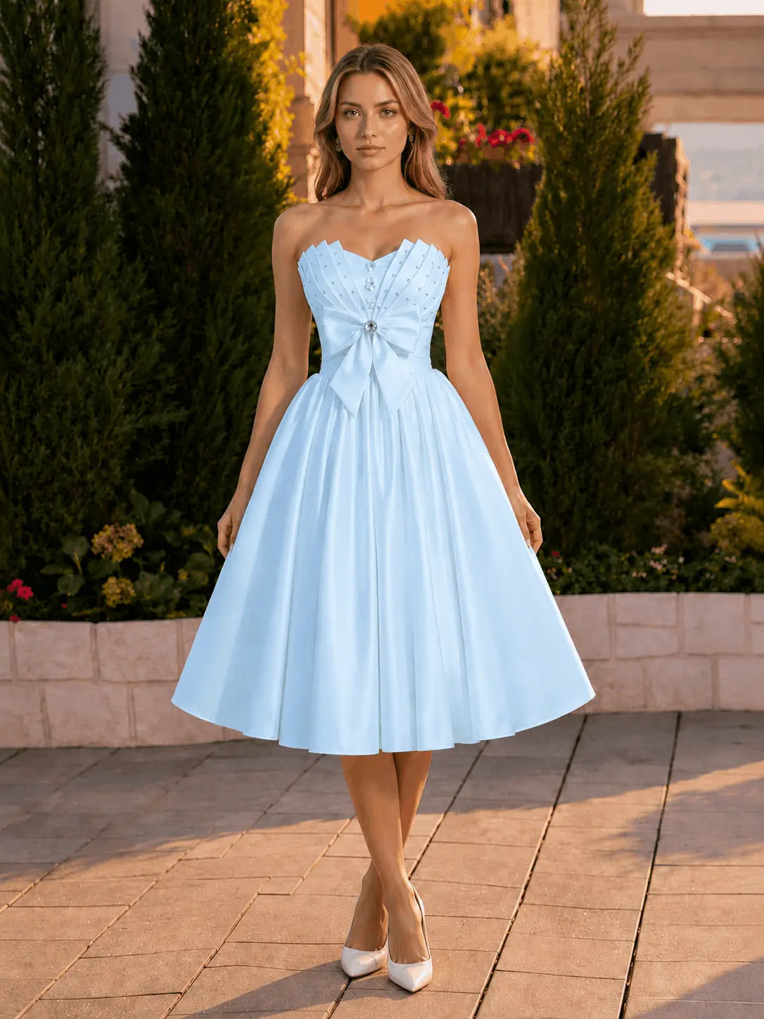 A-line Sweetheart Sleeveless Knee-Length Satin Homecoming Dress with Bow KAIDRESS