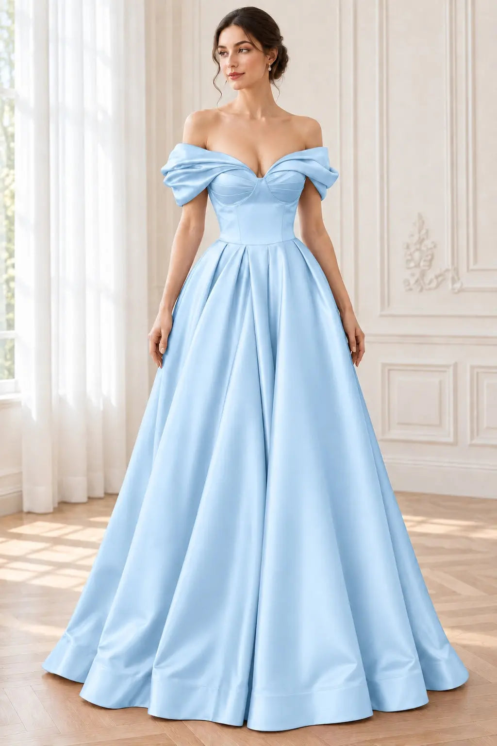 A-line Off-the-Shoulder Short Sleeve Satin Long/Floor-Length Prom Dresses With Ruffles Split