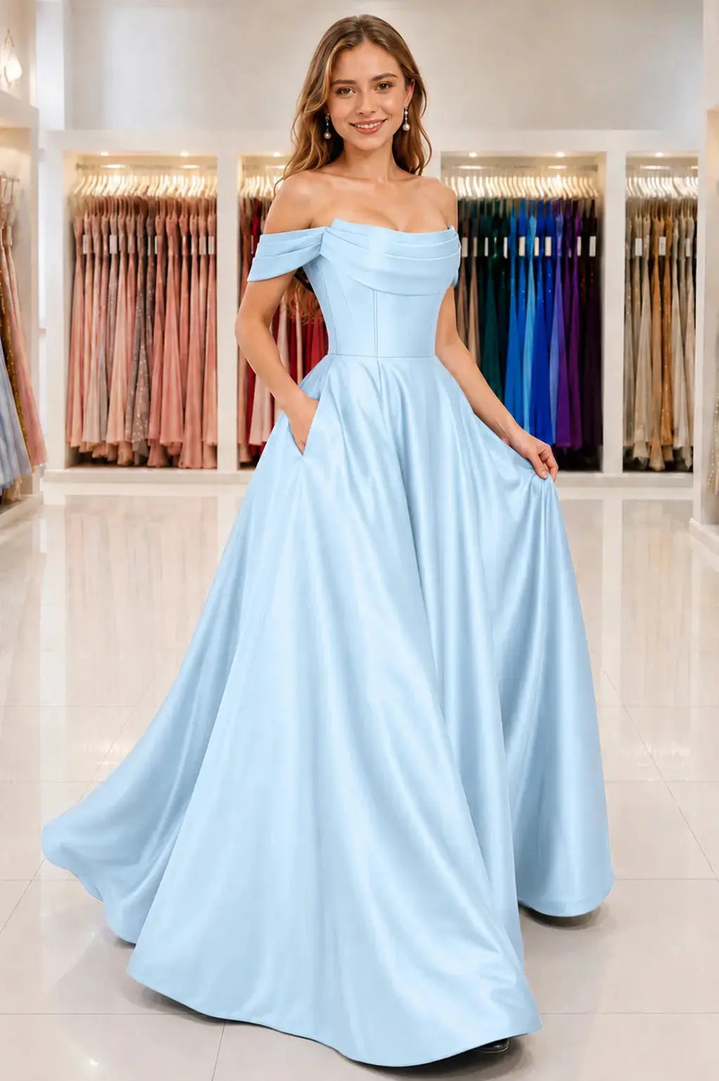 A-Line Satin Long Prom Dress, Simple Off the Shoulder Evening Party Dress With Pockets KAIDRESS