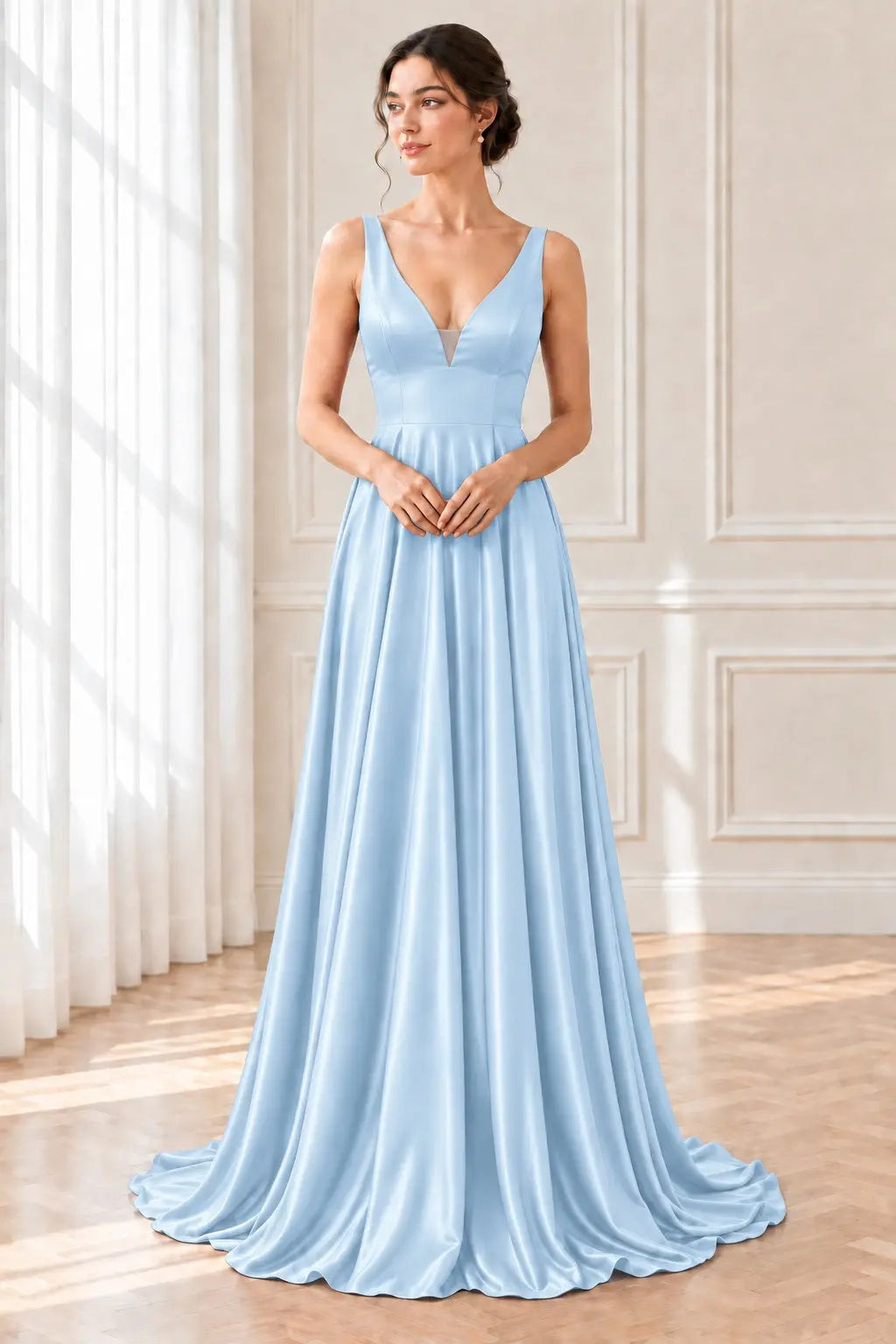 A-line/Princess V Neck Sleeveless Sweep Train Charmeuse Prom Dresses