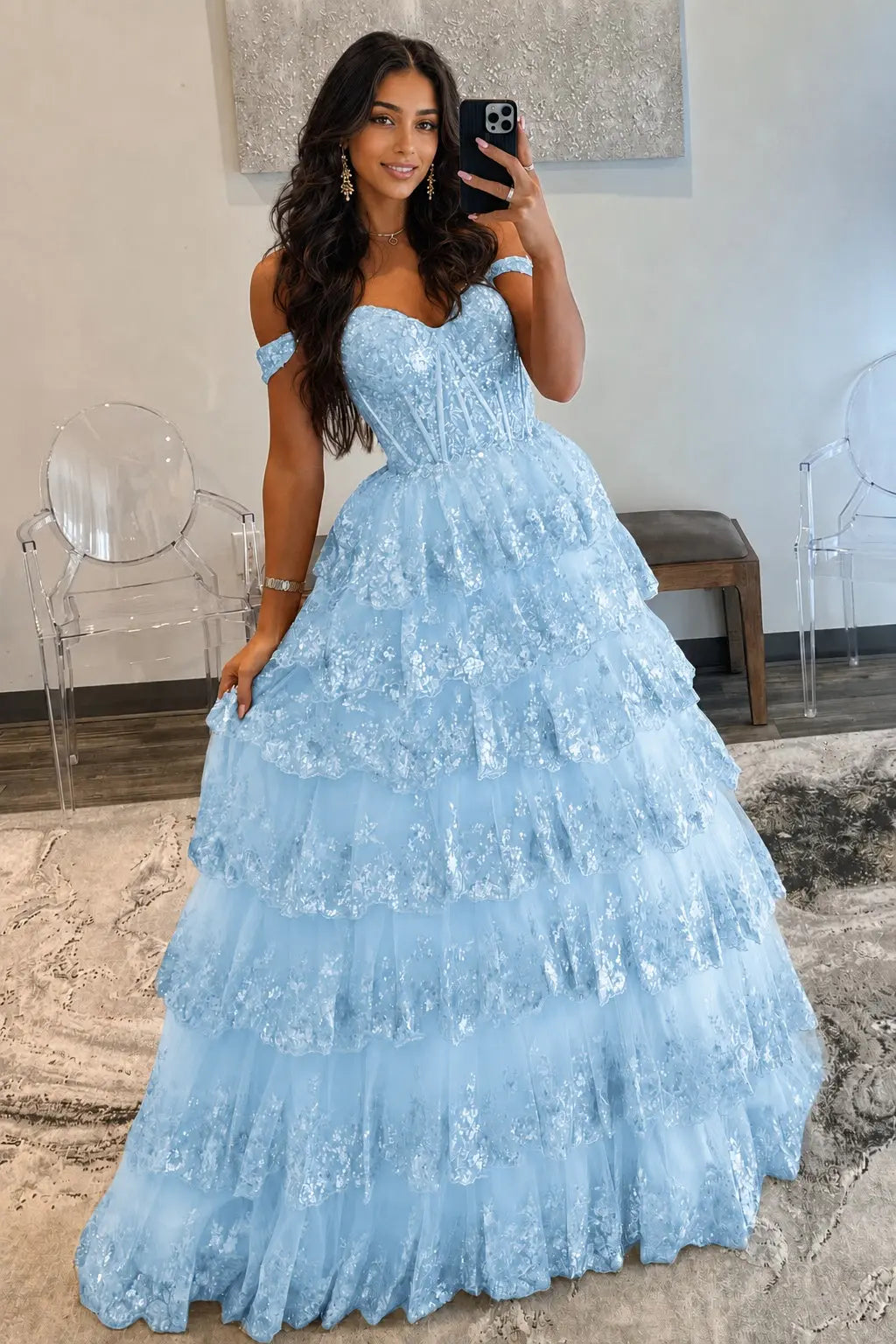A-Line/Princess Princess Off the Shoulder Sequined Lace Prom Dress KAIDRESS