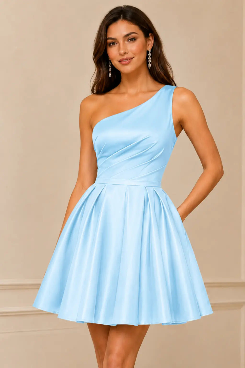 Green One Shoulder Satin Mini A Line Homecoming Dress With Pockets KAIDRESS