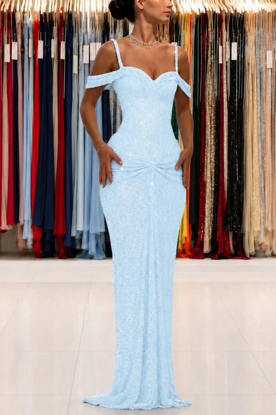 Luxury Sparkly Lace Off-Shoulder Long Beaded Prom Gown with Slender Straps KAIDRESS