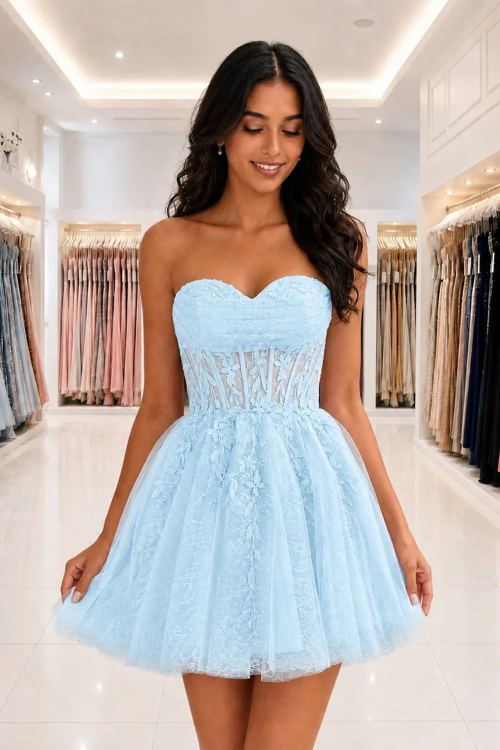 Strapless Beaded Lace Corset A-Line Mini Homecoming Dress KAIDRESS