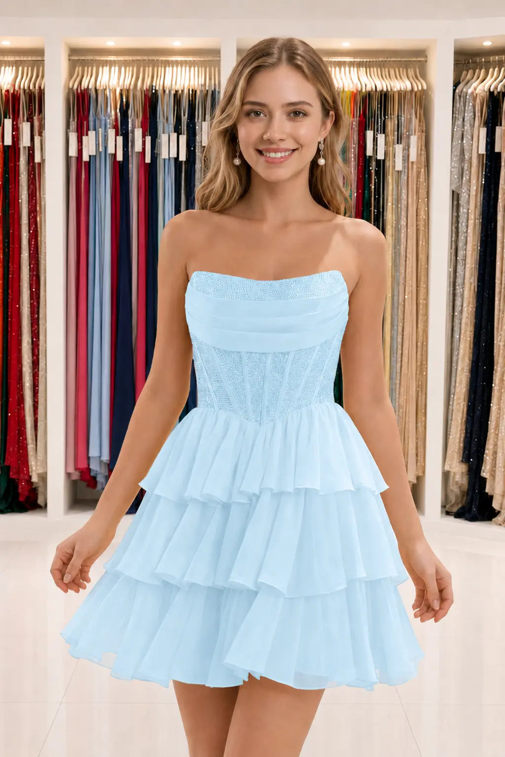 Daffodil Strapless Corset Tiered Ruffle Mini Homecoming Dress With Beading KAIDRESS