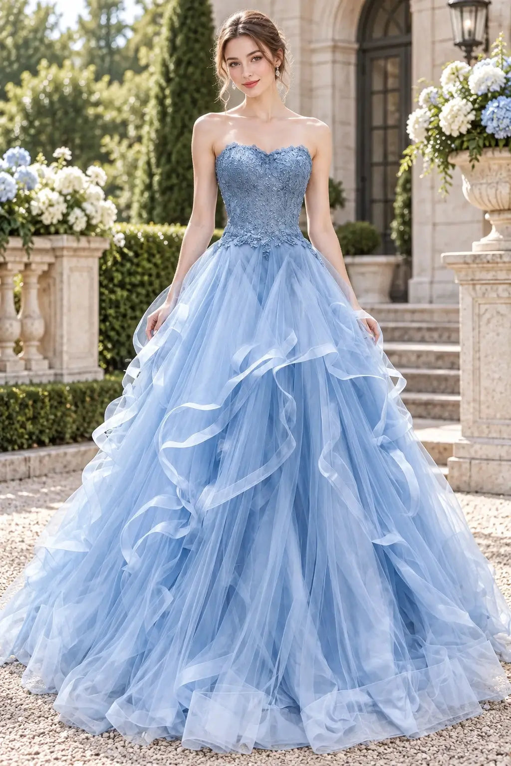 Sky Blue Strapless Tulle Prom Dress with Beaded Lace and Cascading Ruffles