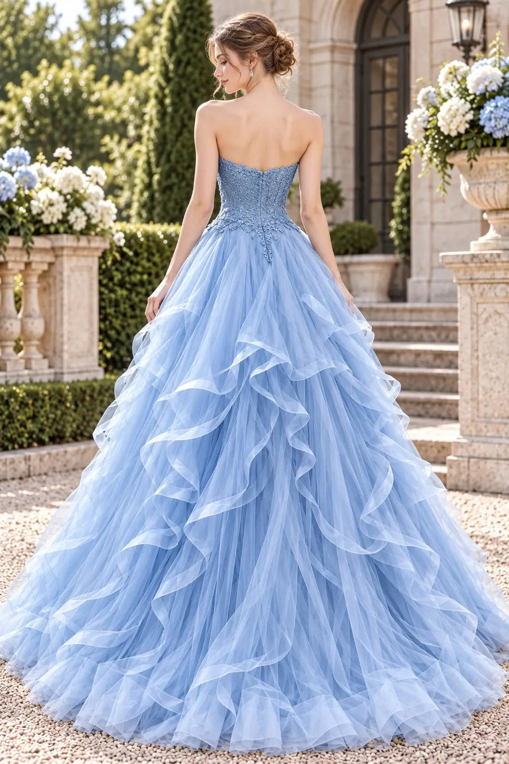 Sky Blue Strapless Tulle Prom Dress with Beaded Lace and Cascading Ruffles