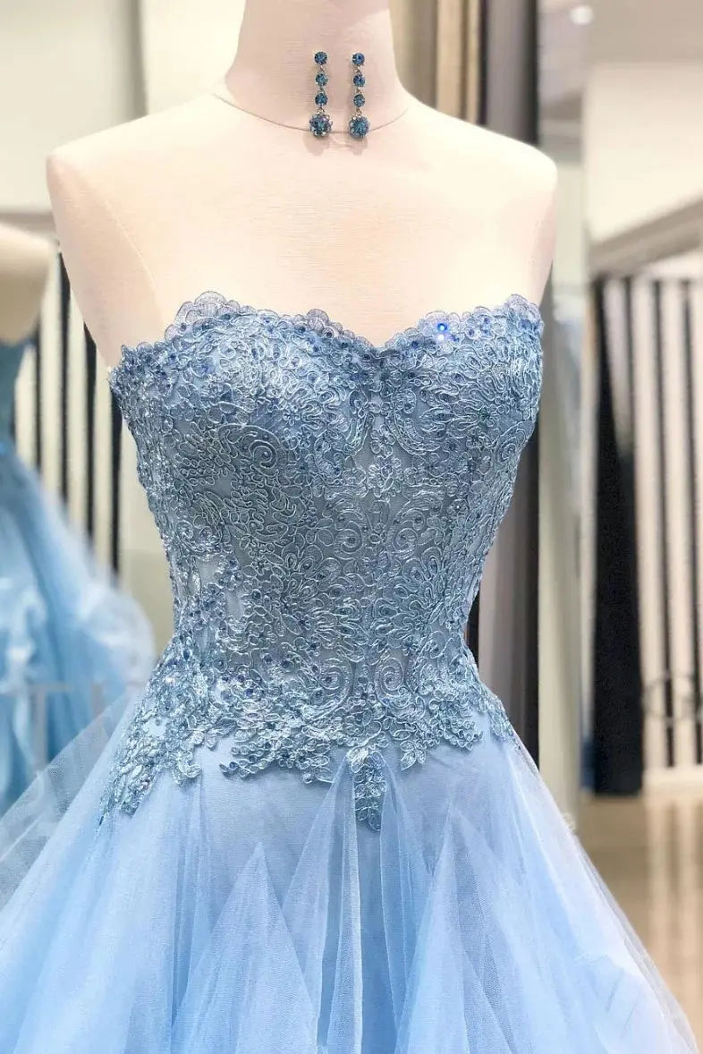 Sky Blue Strapless Tulle Prom Dress with Beaded Lace and Cascading Ruffles
