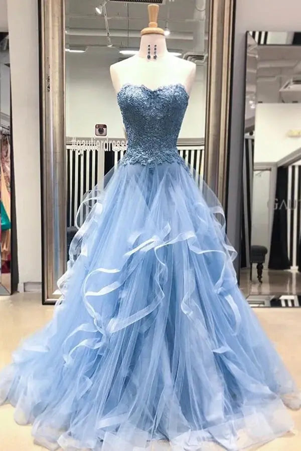 Sky Blue Strapless Tulle Prom Dress with Beaded Lace and Cascading Ruffles