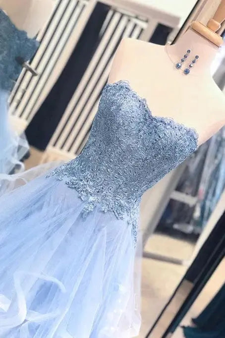 Sky Blue Strapless Tulle Prom Dress with Beaded Lace and Cascading Ruffles