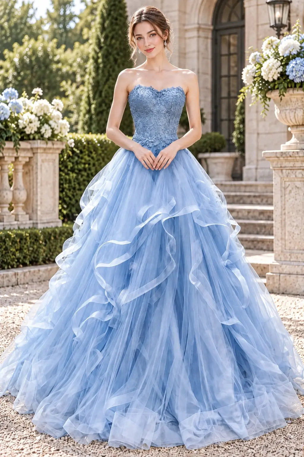 Sky Blue Strapless Tulle Prom Dress with Beaded Lace and Cascading Ruffles