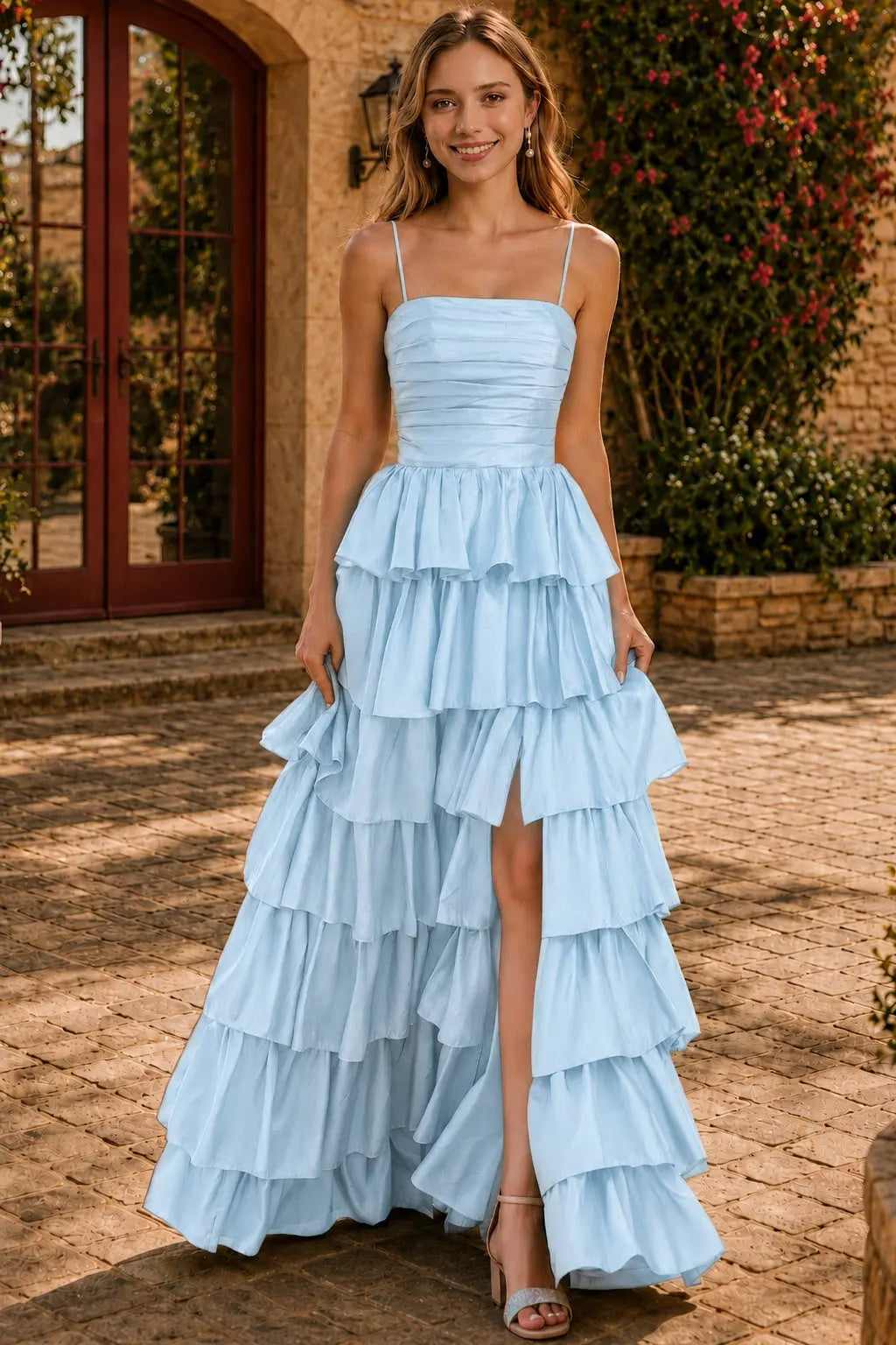 A-line Square Neckline Spaghetti Straps Floor-Length Taffeta Prom Dress with Ruffles Slit KAIDRESS