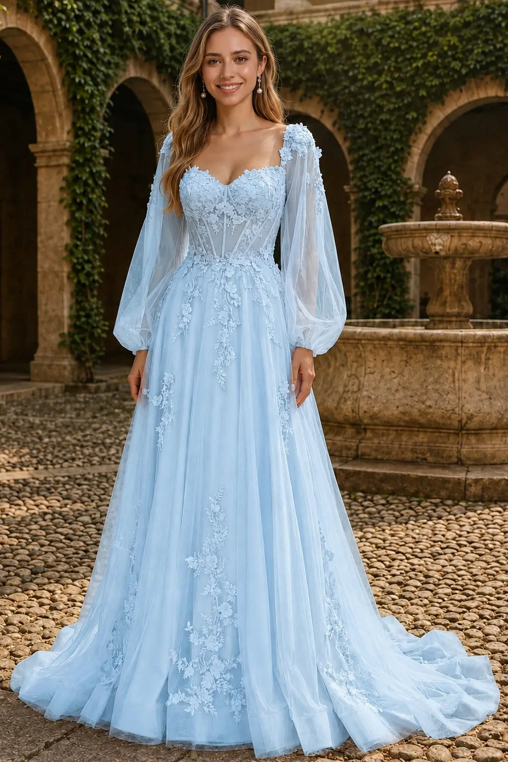 A-line 3D Floral Lace Applique Tulle Long Sleeves Prom Dress