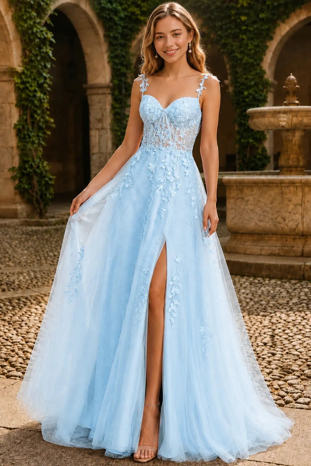 A-line V Neck Sweep Spaghetti Straps Train Tulle Prom Dress with Appliqued Beading