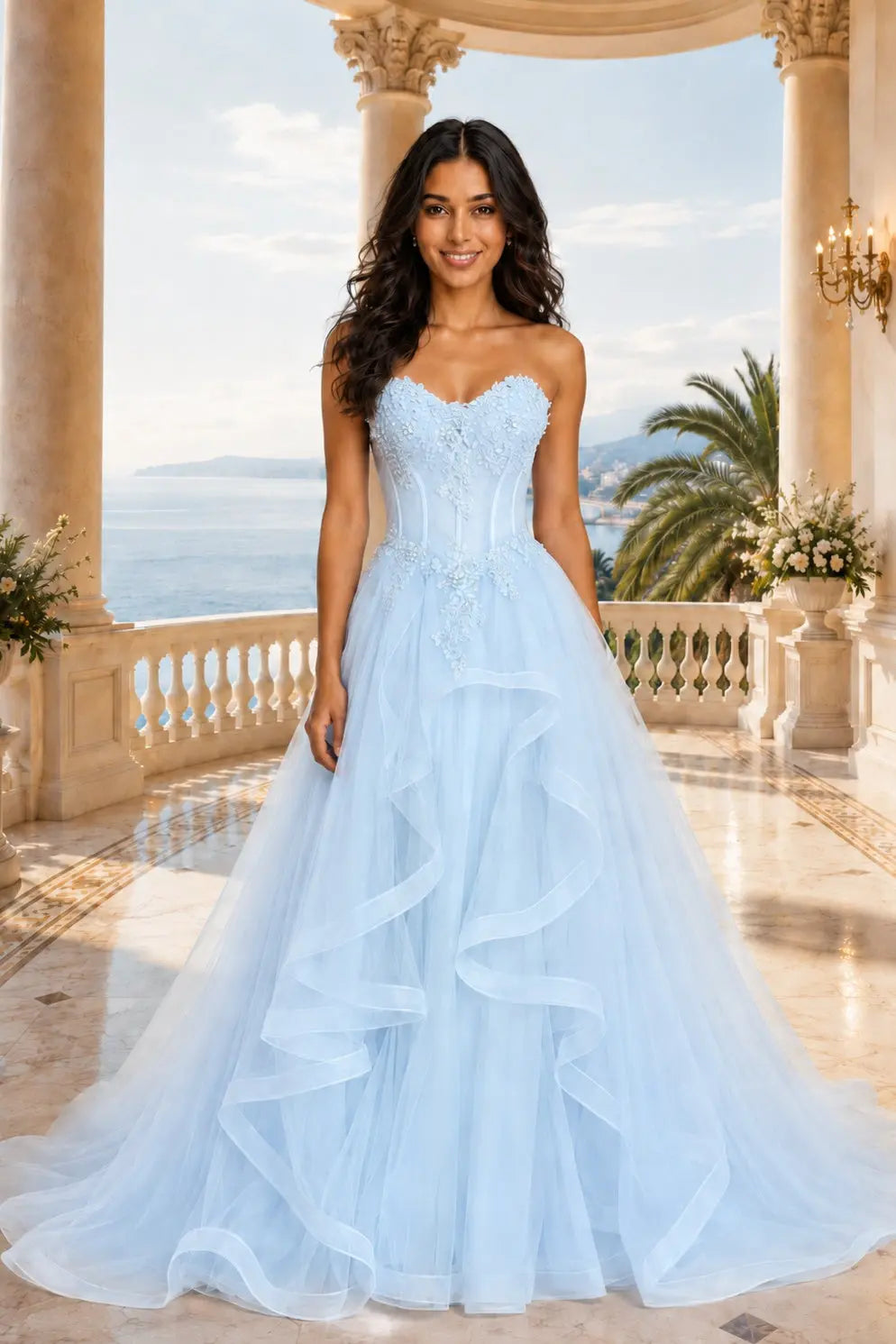 A-line/Princess Sweetheart Sleeveless Sweep Train Tulle Prom Dresses With Beading Appliqued KAIDRESS
