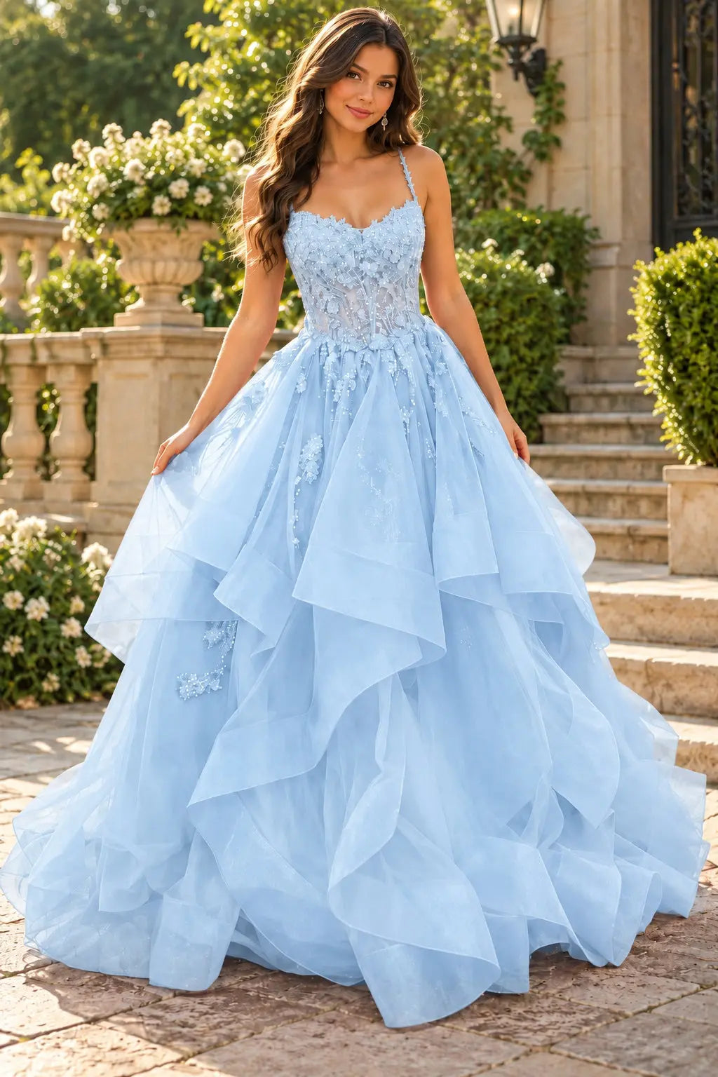 A-line Princess V Neck Floor-Length Tulle Prom Dresses with Appliqued