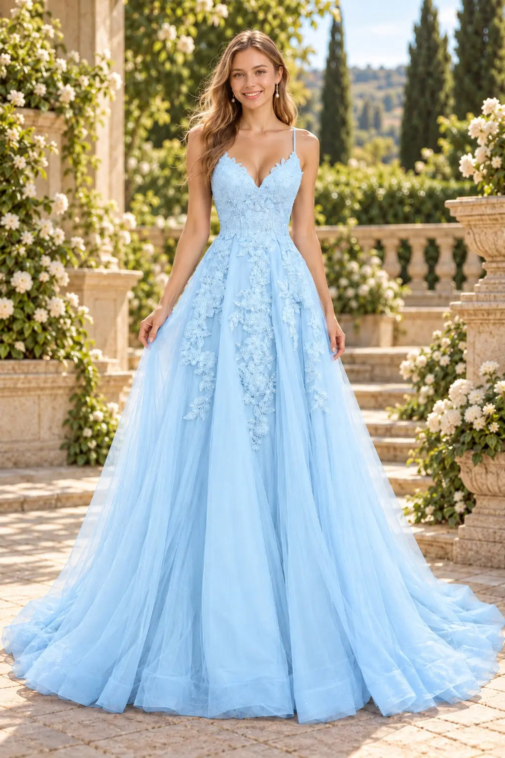 A-line V Neck Spaghetti Straps Sweep Train Tulle Prom Dress With Appliqued