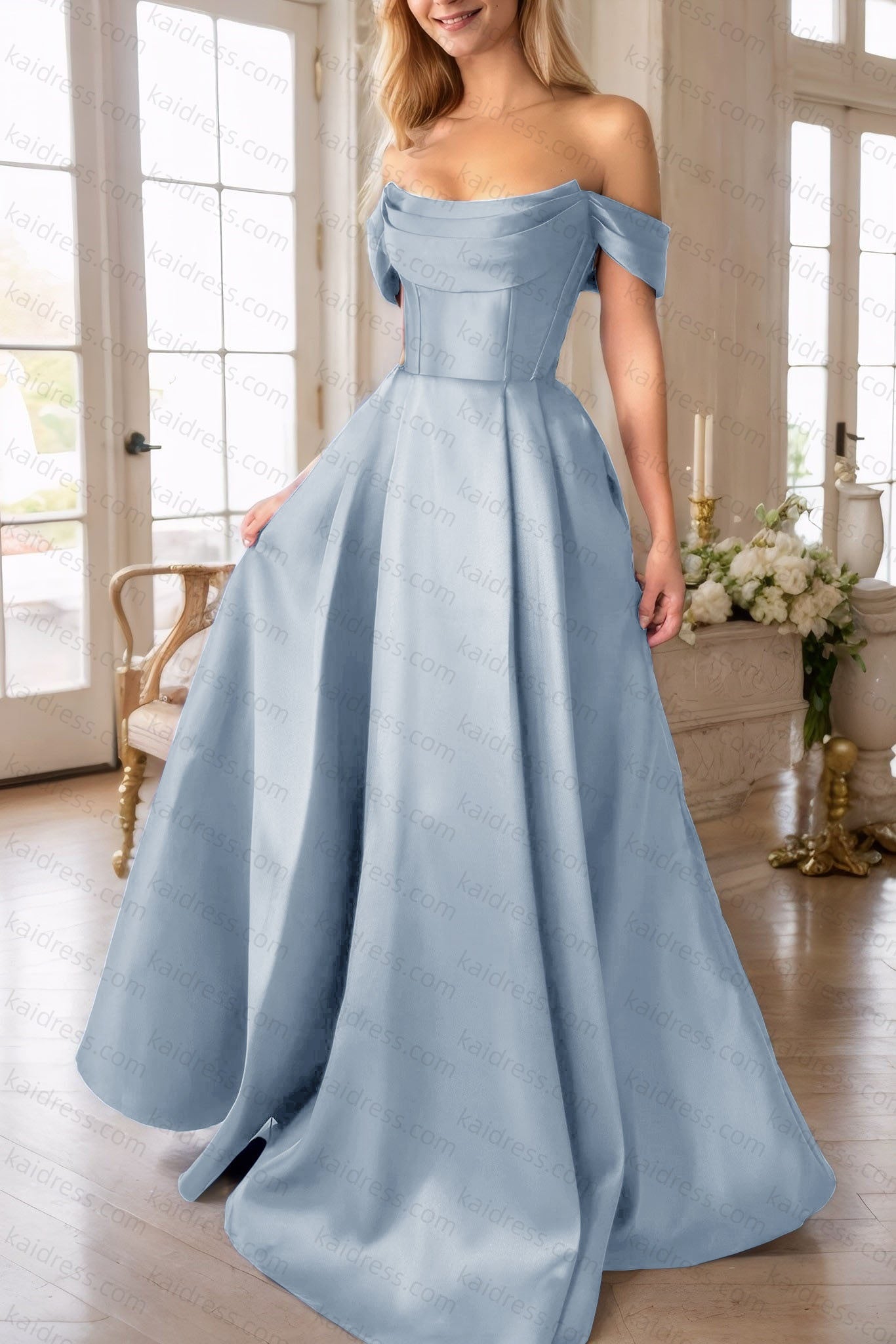 A-Line Satin Long Prom Dress, Simple Off the Shoulder Evening Party Dress With Pockets