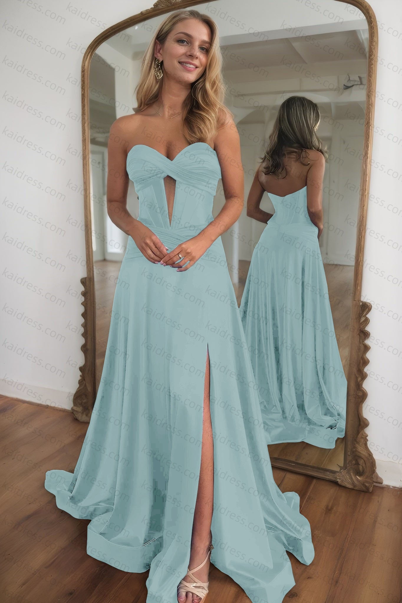 A-line Strapless Silk Long Blue Prom Dresses Elegant Evening Dress