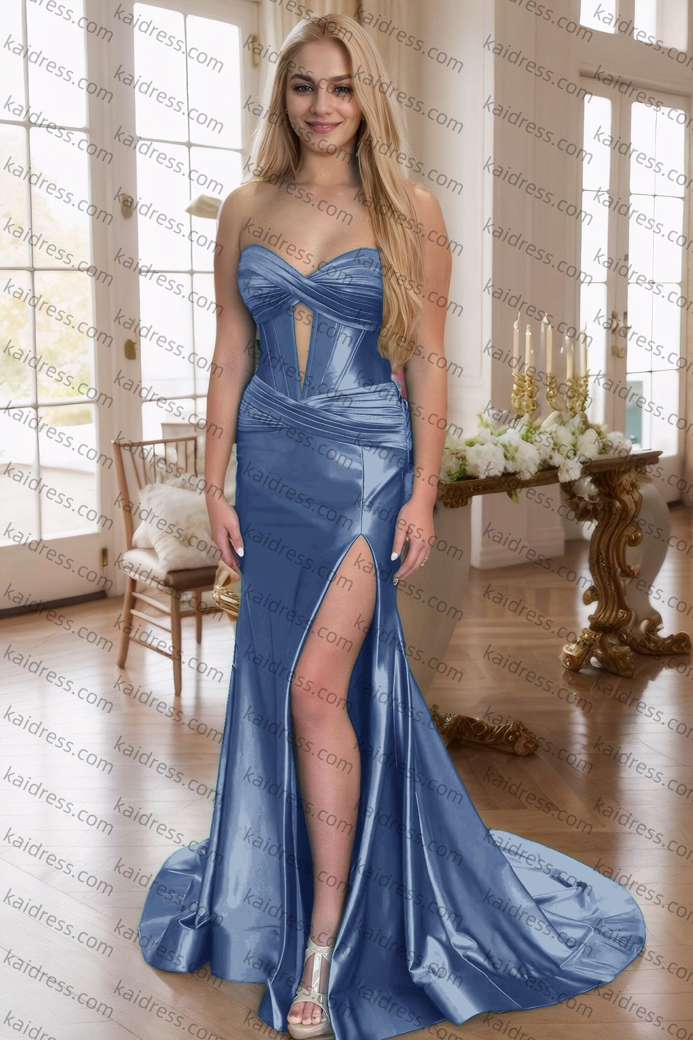 Green Silk Strapless Mermaid Prom Dresses Long Formal Evening Gown with Slit