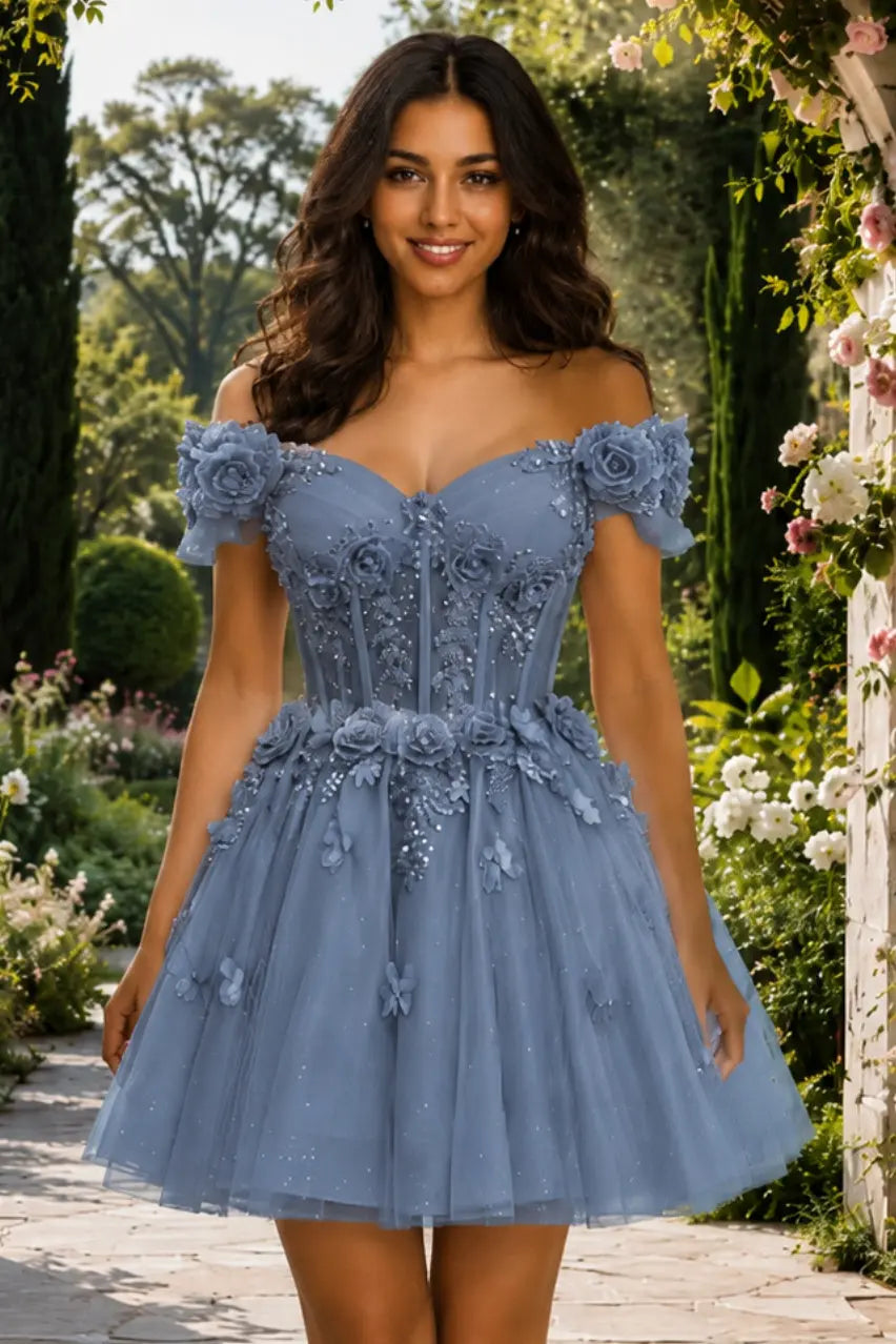 A-line Off-the-Shoulder Tulle Short/Mini Homecoming Dress with Appliqued Flowers Sequins KAIDRESS