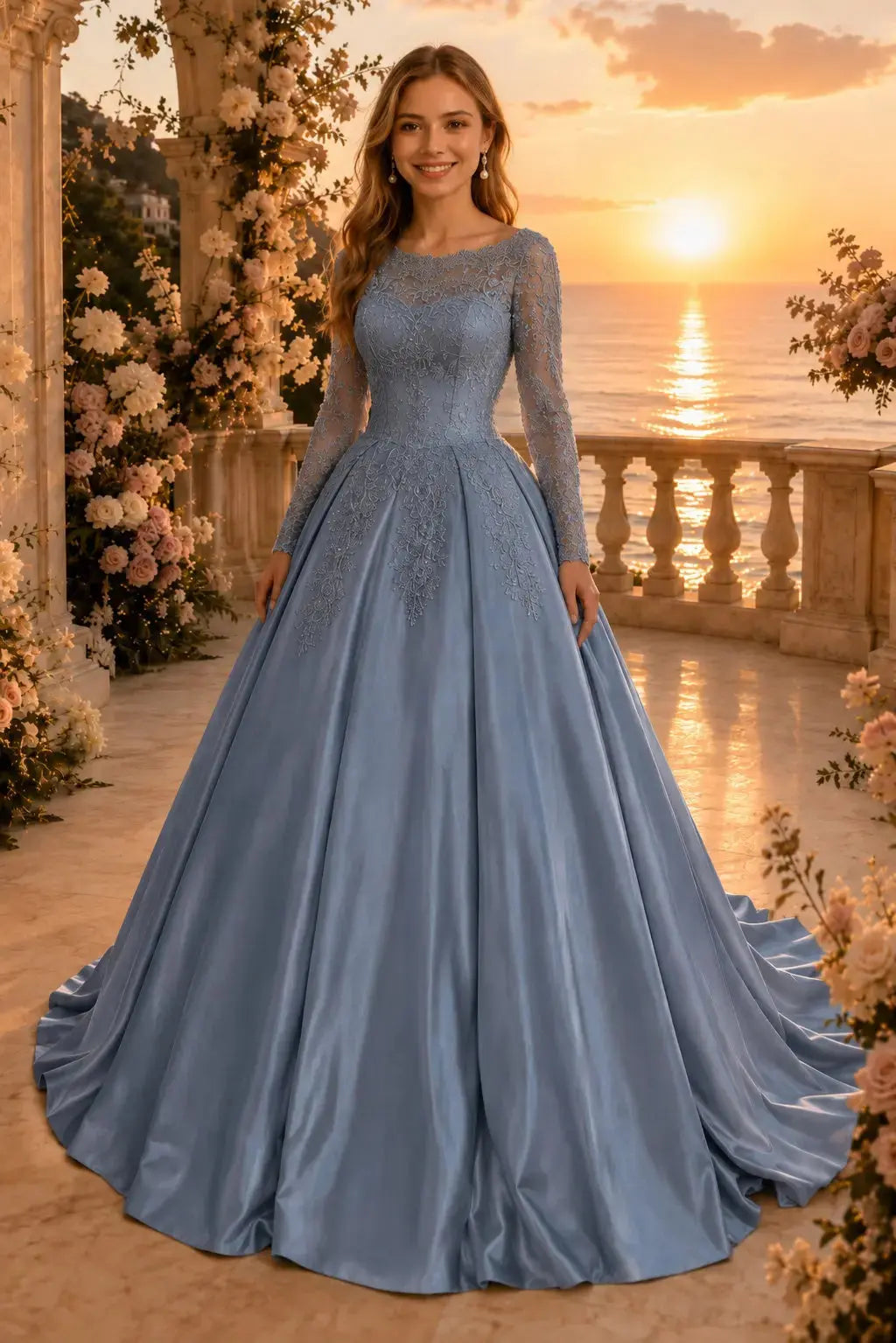 Ball Gown Long Sleeves Off-the-Shoulder Chapel Train Applique Satin Prom Dresses Kaidress