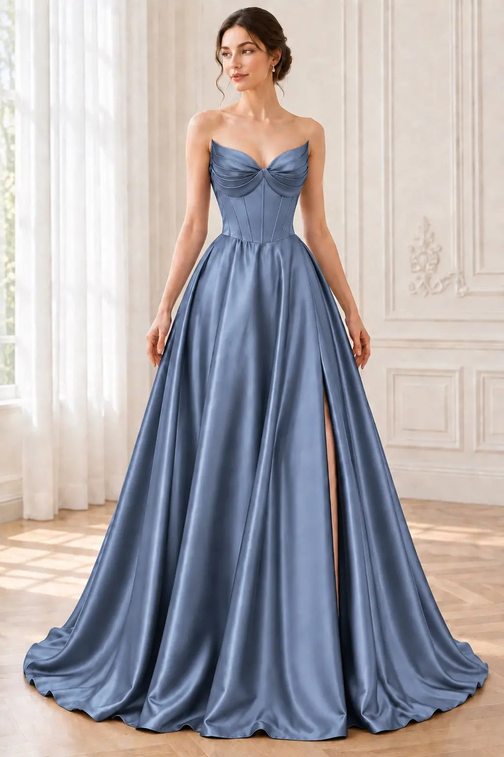 A-line Satin Formal Long Simple Sleeveless Prom Dresses with Pockets