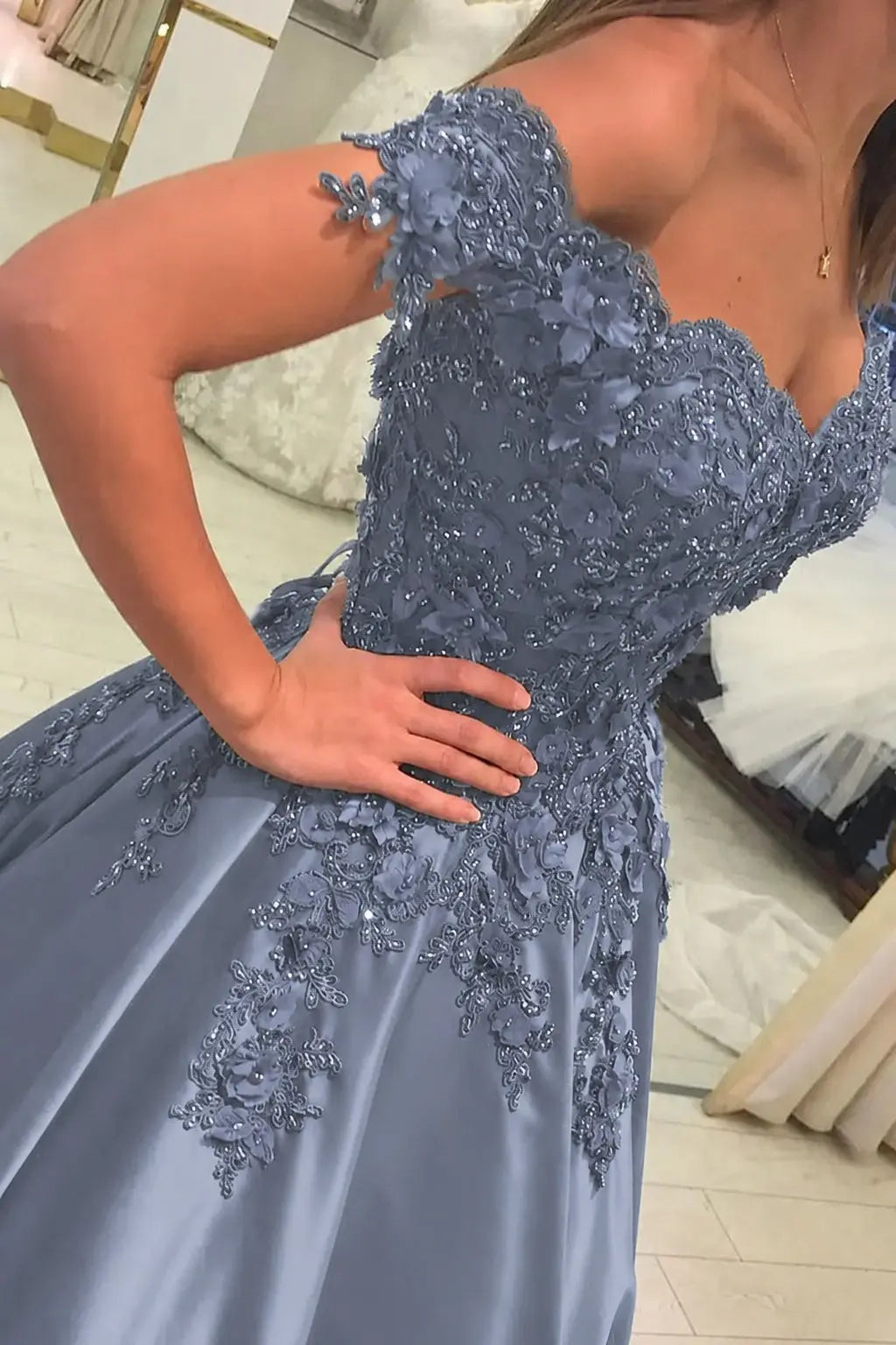 Appliqued Off-The-Shoulder Satin Princess Prom Dress With Beads