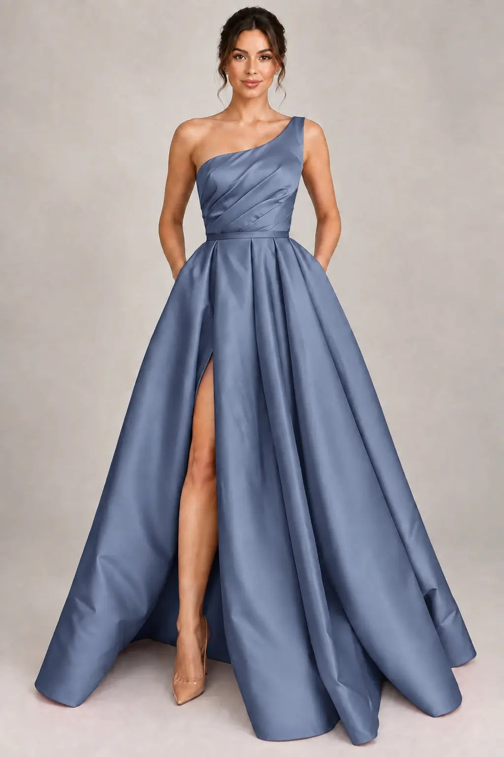 A-line Sleeveless One-Shoulder Long/Floor-Length Satin Prom Dress With Split Ruffles Pockets