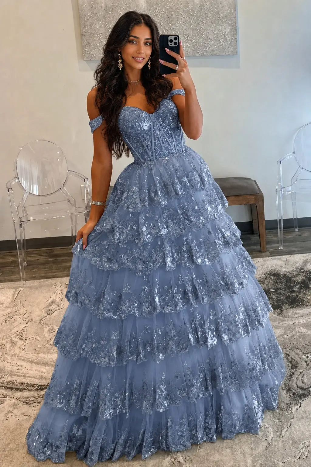 A-Line/Princess Princess Off the Shoulder Sequined Lace Prom Dress KAIDRESS