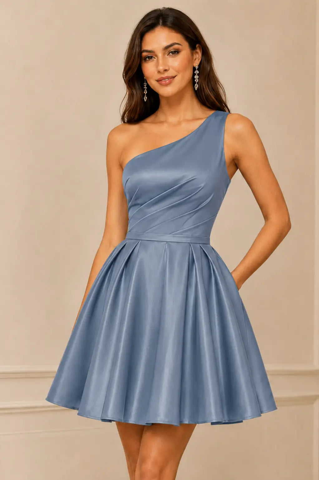 Green One Shoulder Satin Mini A Line Homecoming Dress With Pockets KAIDRESS