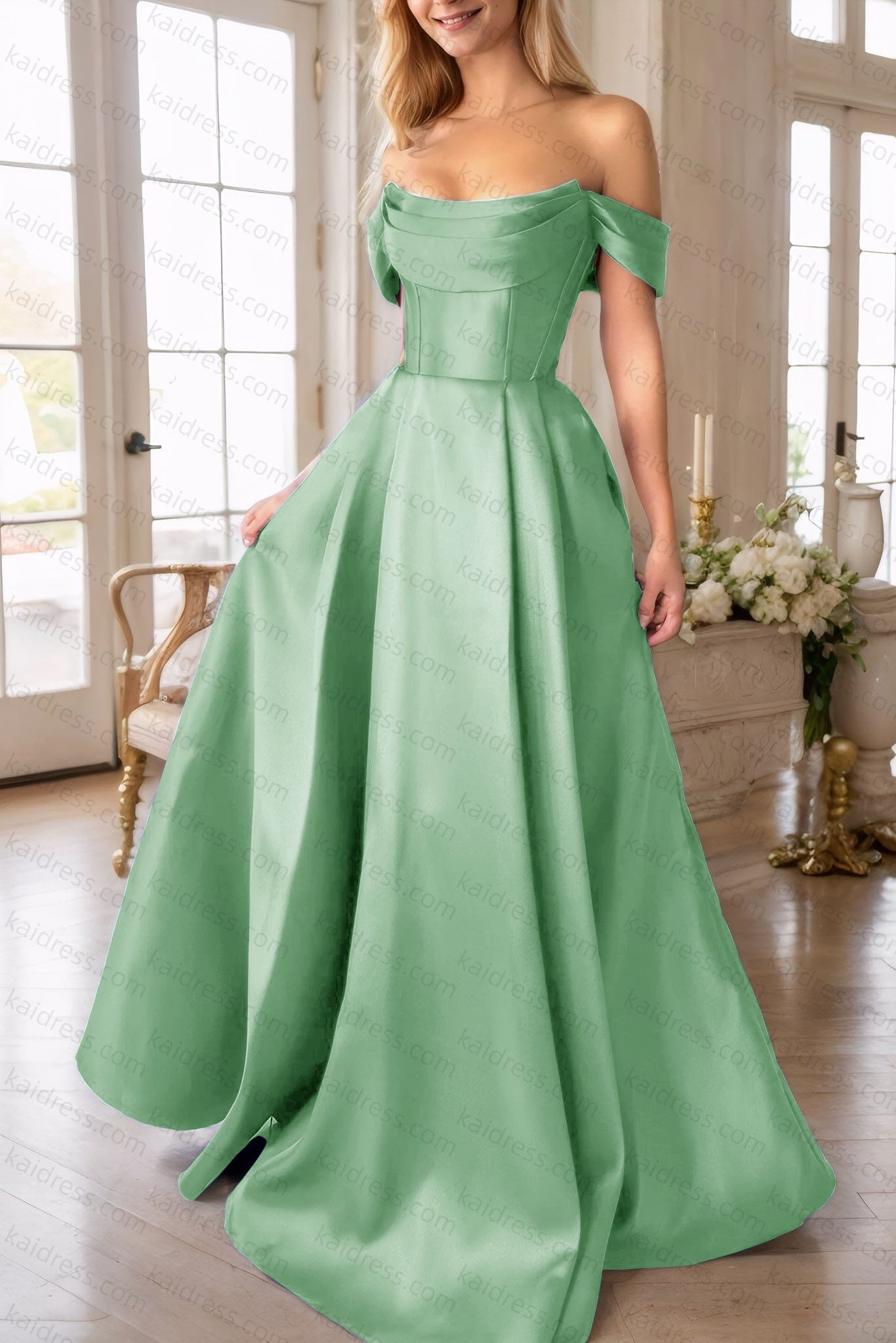 A-Line Satin Long Prom Dress, Simple Off the Shoulder Evening Party Dress With Pockets