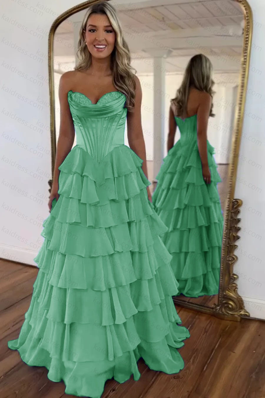 A Line Blue Sweetheart Chiffon Ruffled Long Corset Prom Dress with Slit