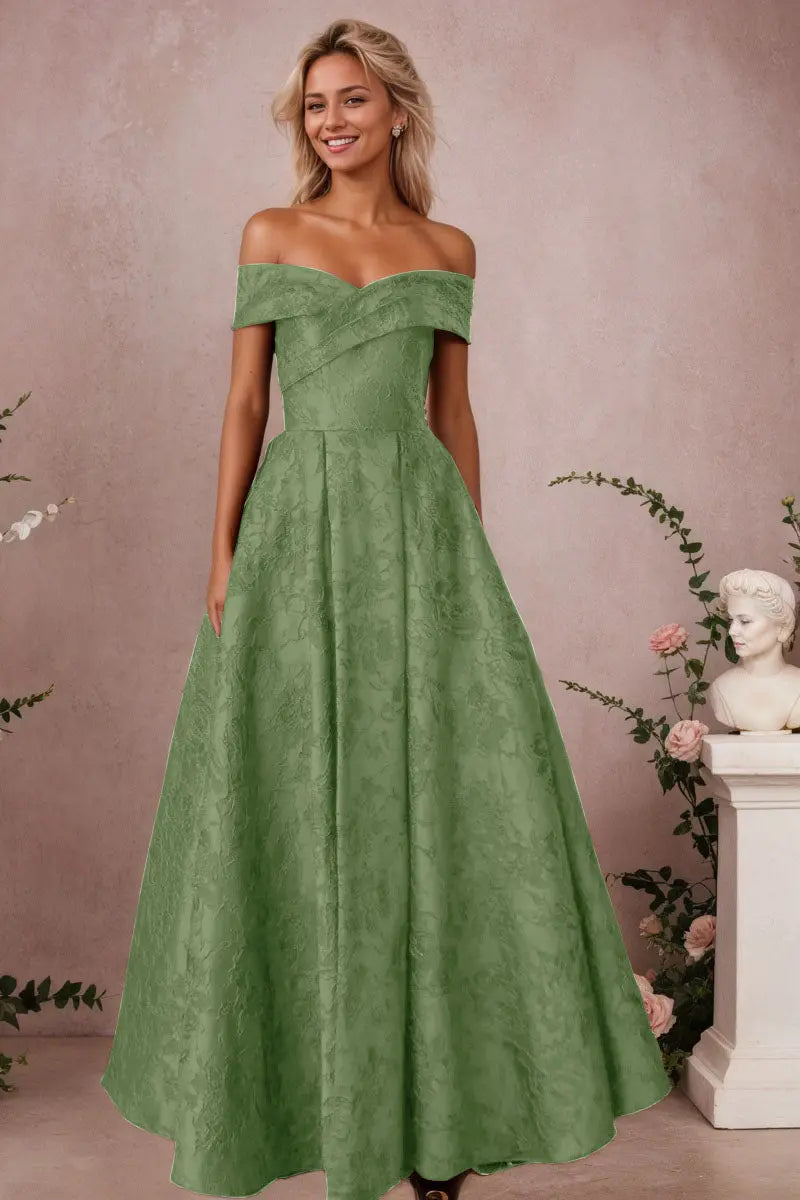 A-Line Off Shoulder Satin Burgundy Long Prom Dress Floral Jacquard Formal Ball Gowns - KAIDRESS