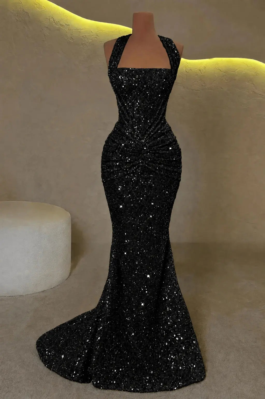 Luxury Mermaid Straps Pleated Sweep Train Corset  Sparkly Prom Dress KAIDRESS