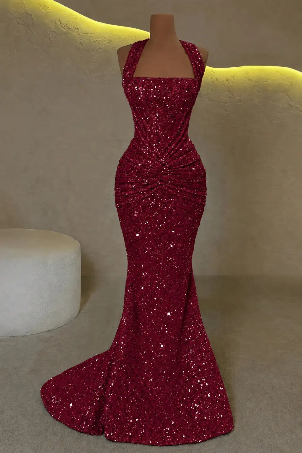 Luxury Mermaid Straps Pleated Sweep Train Corset  Sparkly Prom Dress KAIDRESS