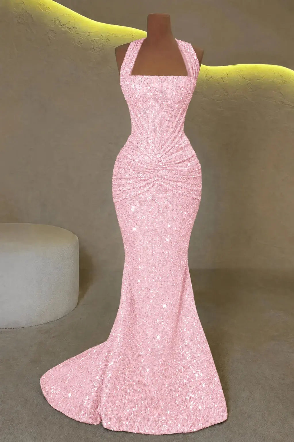 Luxury Mermaid Straps Pleated Sweep Train Corset  Sparkly Prom Dress KAIDRESS