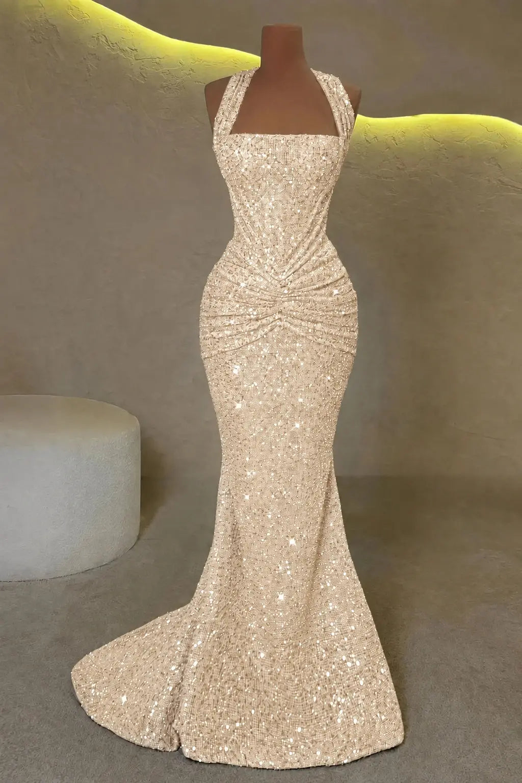 Luxury Mermaid Straps Pleated Sweep Train Corset  Sparkly Prom Dress KAIDRESS