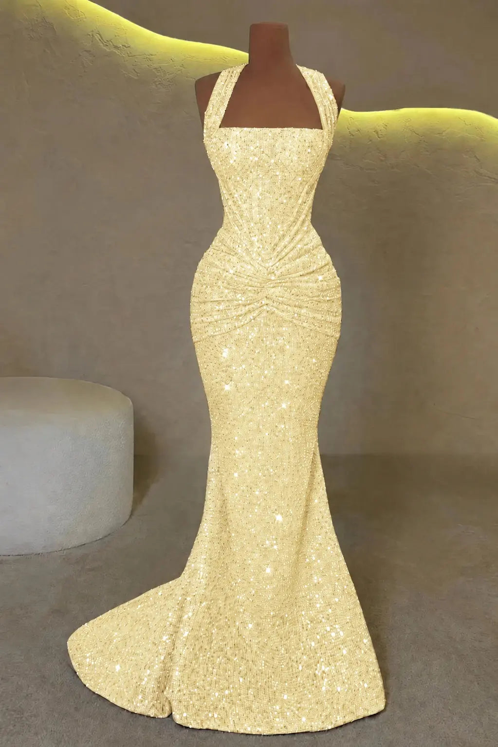 Luxury Mermaid Straps Pleated Sweep Train Corset  Sparkly Prom Dress KAIDRESS