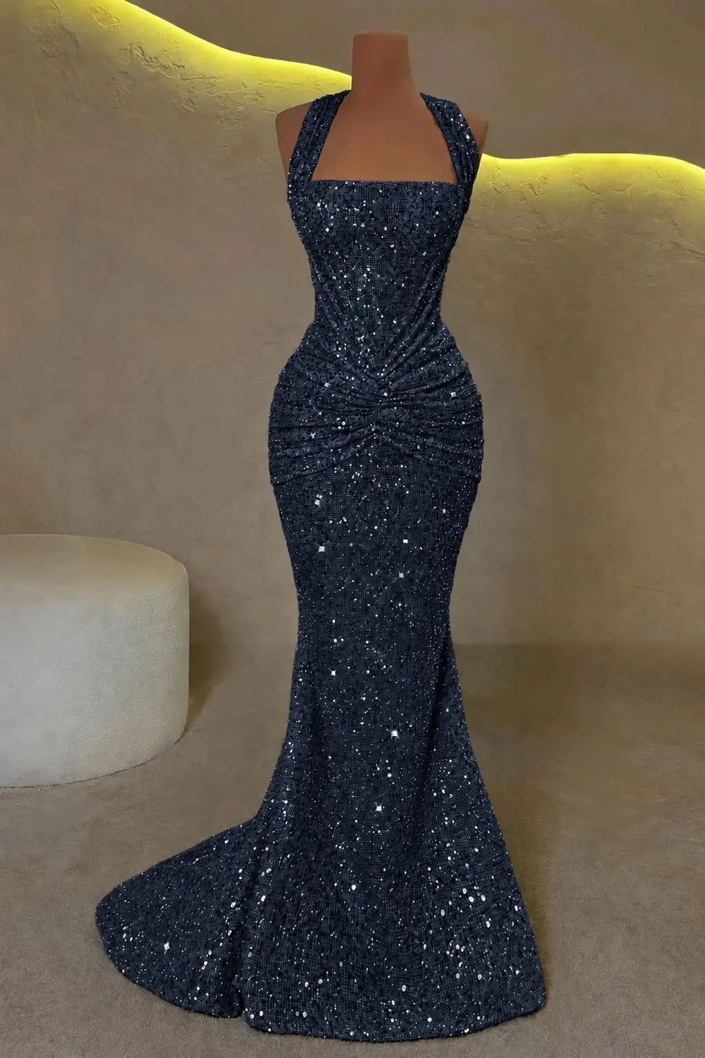Luxury Mermaid Straps Pleated Sweep Train Corset  Sparkly Prom Dress KAIDRESS