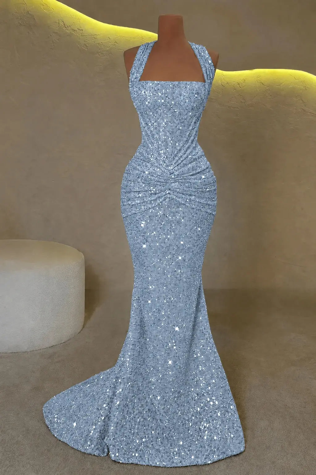 Luxury Mermaid Straps Pleated Sweep Train Corset  Sparkly Prom Dress KAIDRESS
