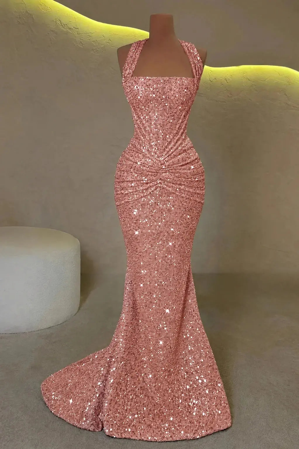 Luxury Mermaid Straps Pleated Sweep Train Corset  Sparkly Prom Dress KAIDRESS