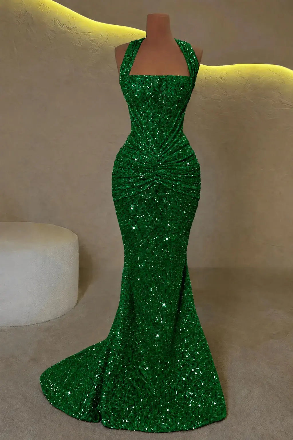 Luxury Mermaid Straps Pleated Sweep Train Corset  Sparkly Prom Dress KAIDRESS