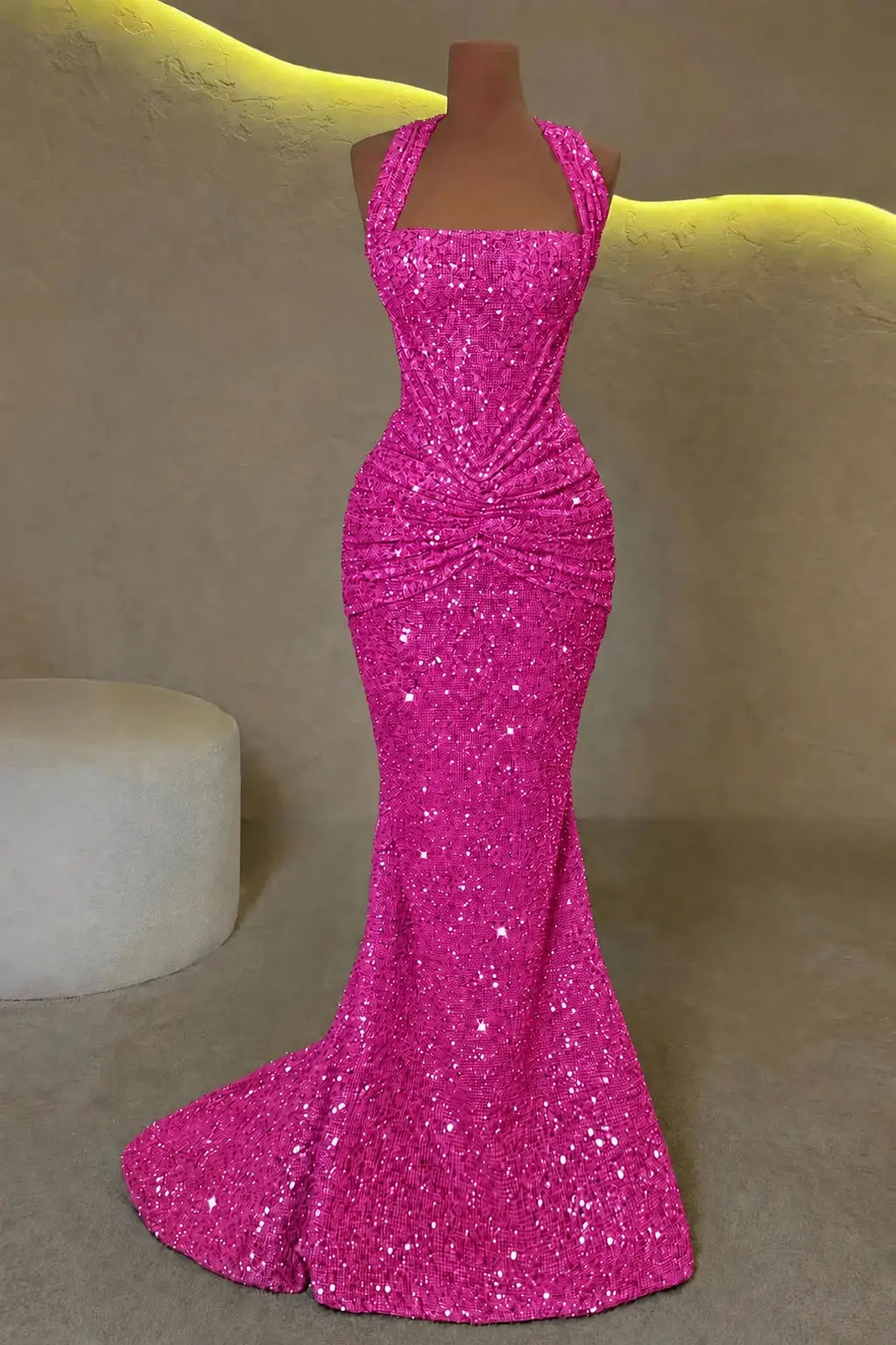 Luxury Mermaid Straps Pleated Sweep Train Corset  Sparkly Prom Dress KAIDRESS