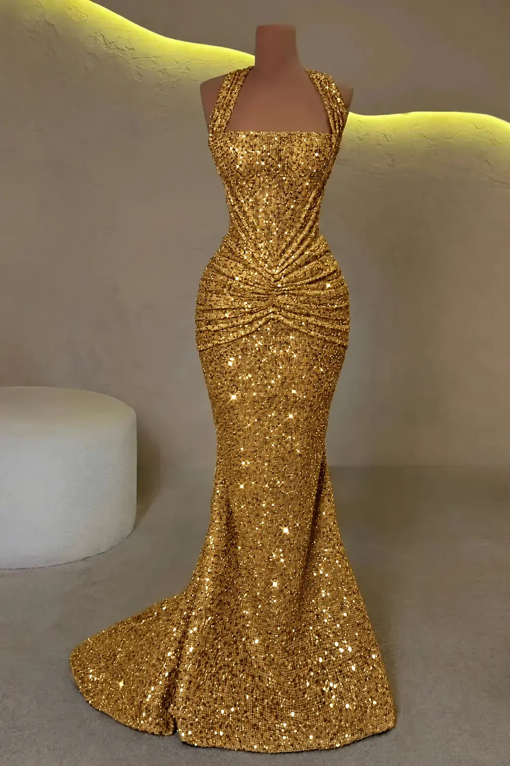 Luxury Mermaid Straps Pleated Sweep Train Corset  Sparkly Prom Dress