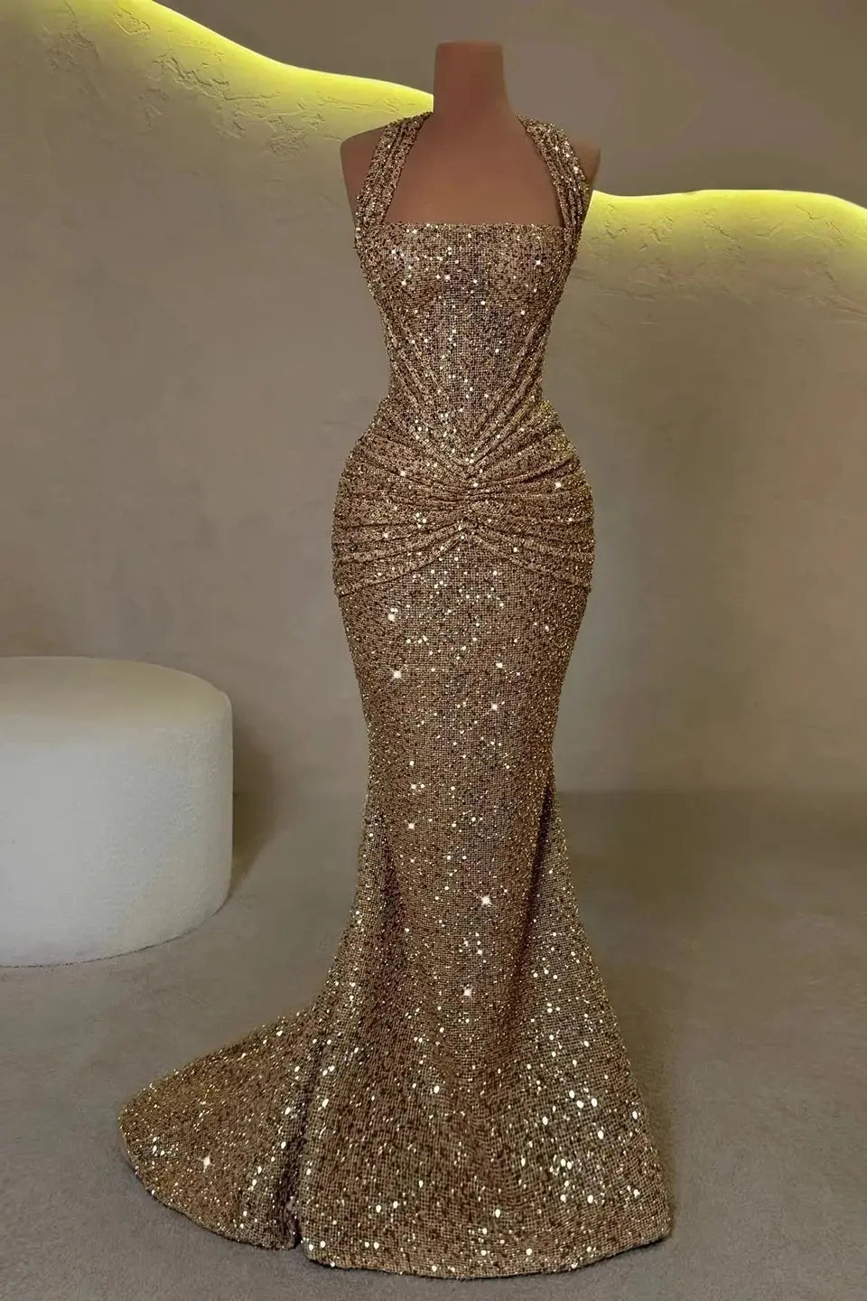 Sparkly Gold Sequin Halter Mermaid Prom Gown With Ruched Sweep Train